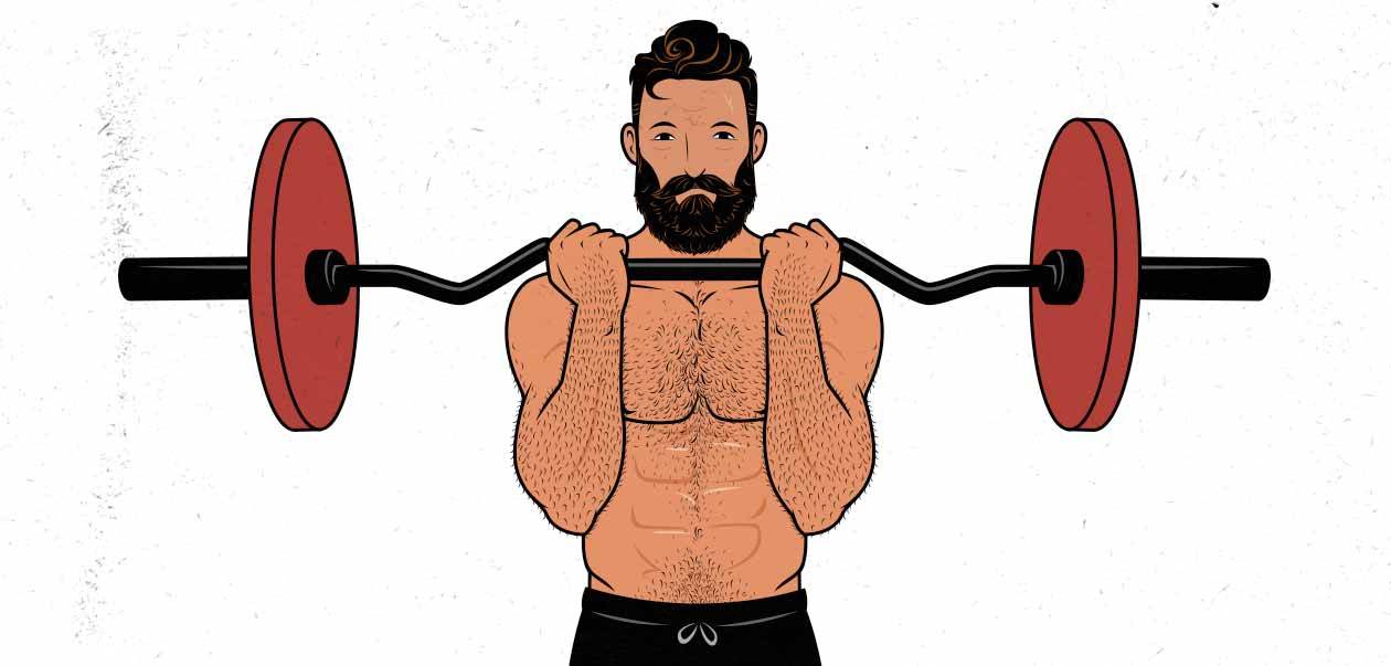 Illustration of. a man doing a barbell curl with an Ez-bar