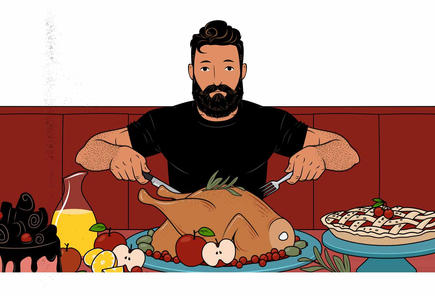 Ilustración de un hombre con una gran cantidad de comida.