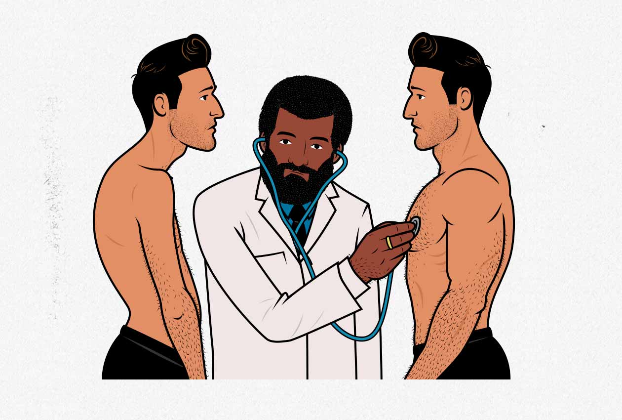 Ilustración de un doctor examinando a un hombre delgado y a un hombre musculoso.