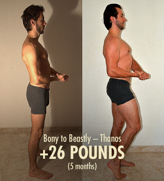 Before and after photo showing Thanos' bulking results from the Bony to Beastly Program.