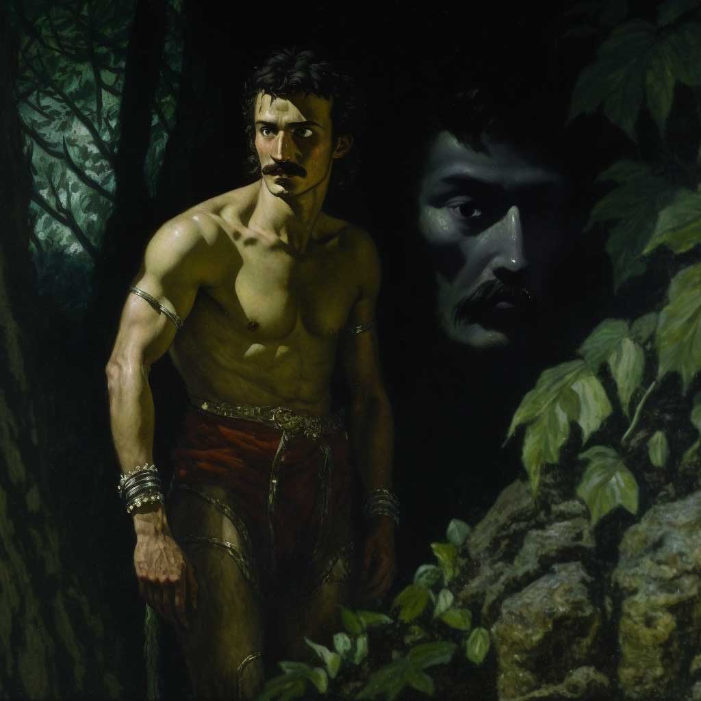 Painting of muscular Inero confronting his Jungian bulking shadow.