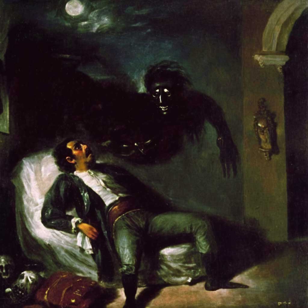 Painting of the Jungian Bulking Shadow haunting a skinny man.