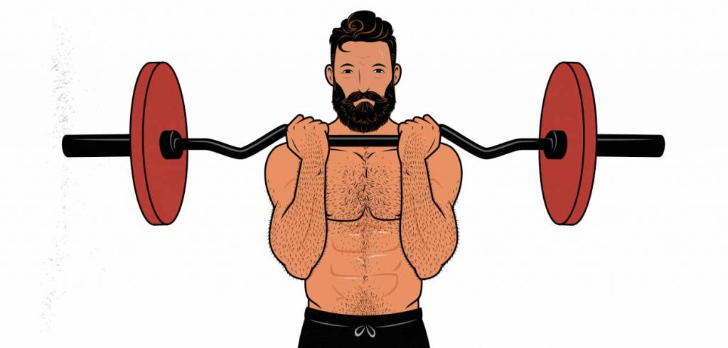 Ilustración de un hombre haciendo un curls de bíceps con barra Z.