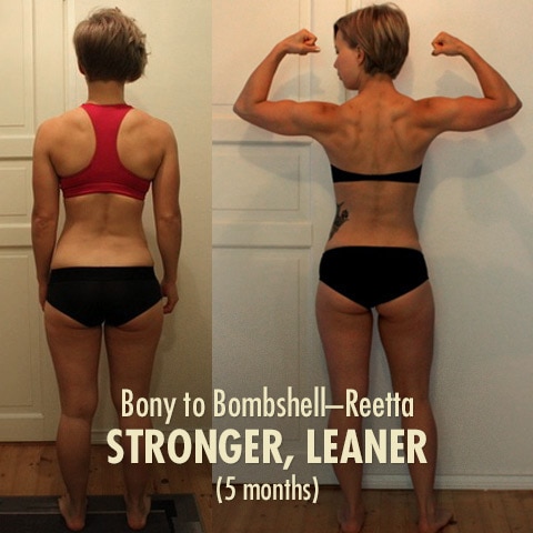 Before and after photo of a woman building muscle