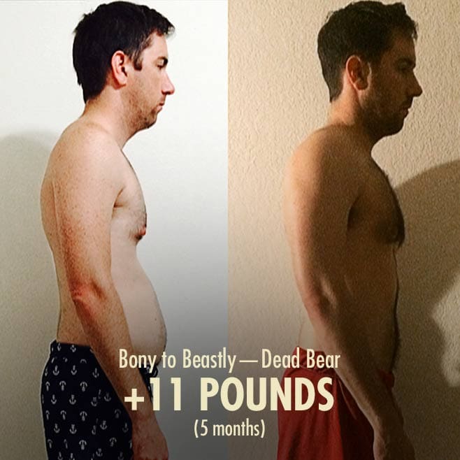Before and after photo of a skinny man with belly fat.