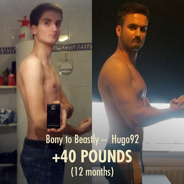 Before and after photo of a skinny guy becoming muscular