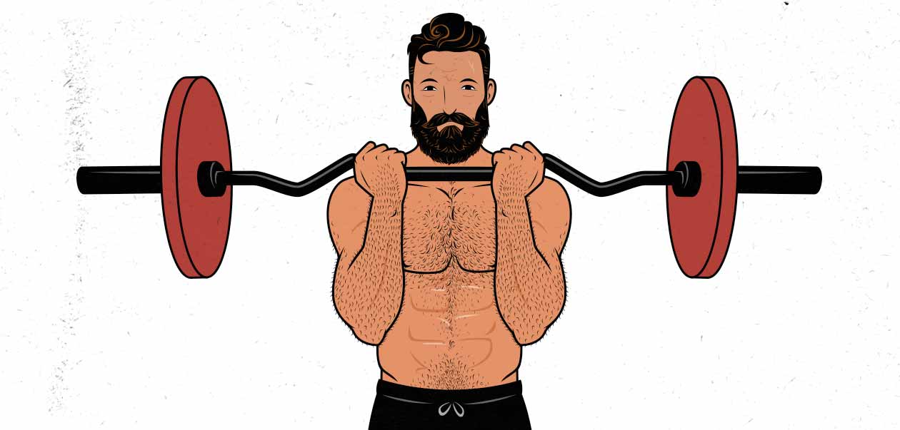 Ilustración de un hombre haciendo curls de bíceps con barra.