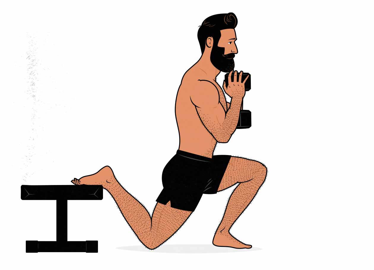 Illustration of a man doing a dumbbell Bulgarian split squat.