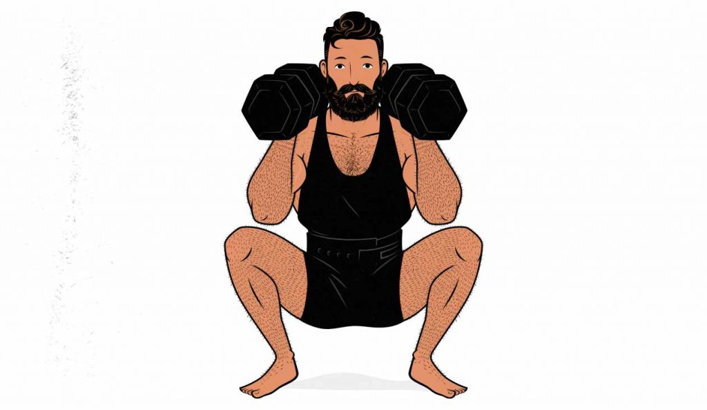 Illustration of a man squatting while holding two dumbbells in a racked position.