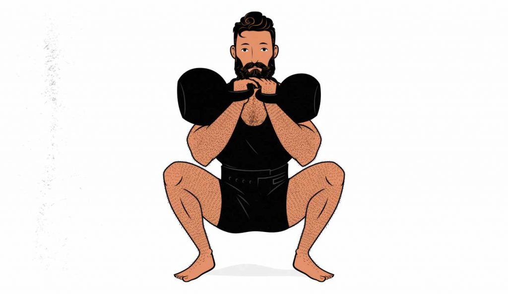 Illustration of a man doing an offset kettlebell squat with two different kettlebells.
