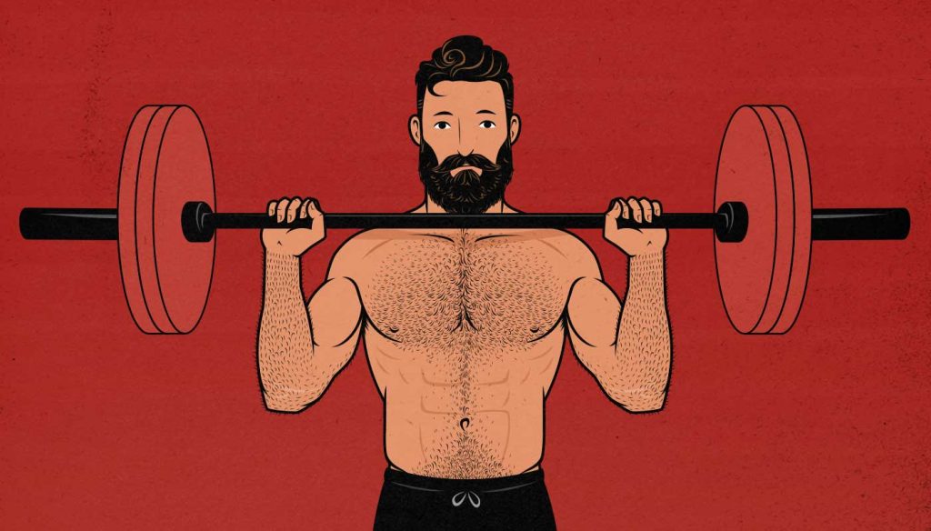 Illustration of a man doing a barbell overhead press.