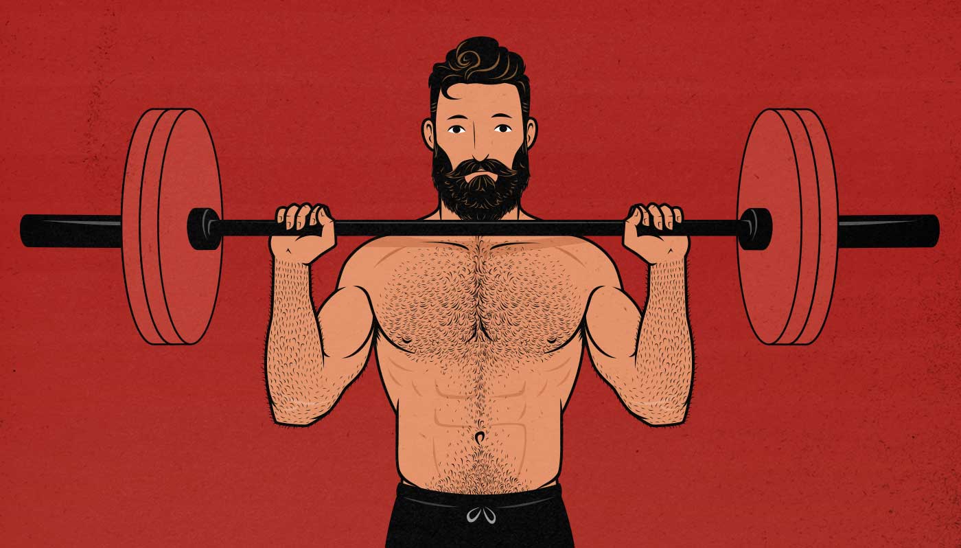 Illustration of a man doing a barbell overhead press.