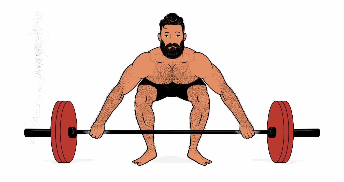 Illustration of a man doing a snatch-grip deadlift.