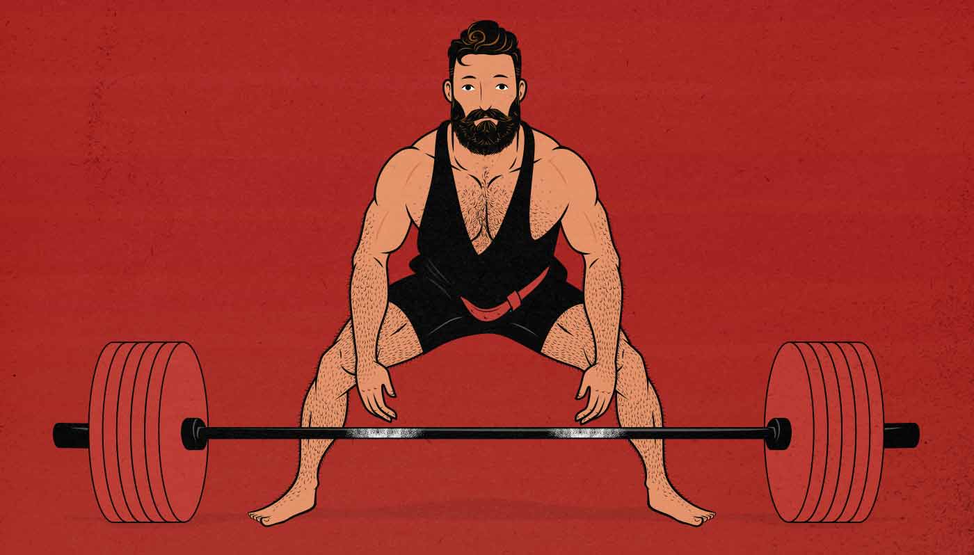 Illustration of a man doing a sumo deadlift (outlift)