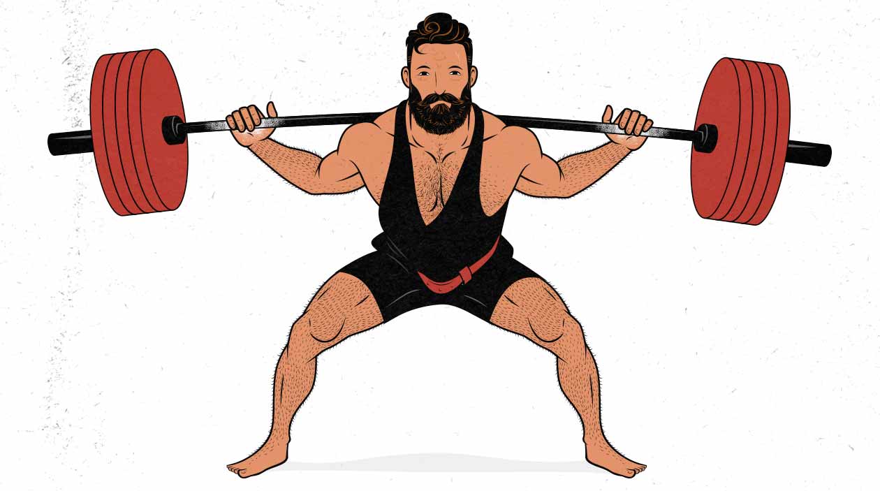 An illustration of a powerlifter doing a low-bar barbell back squat