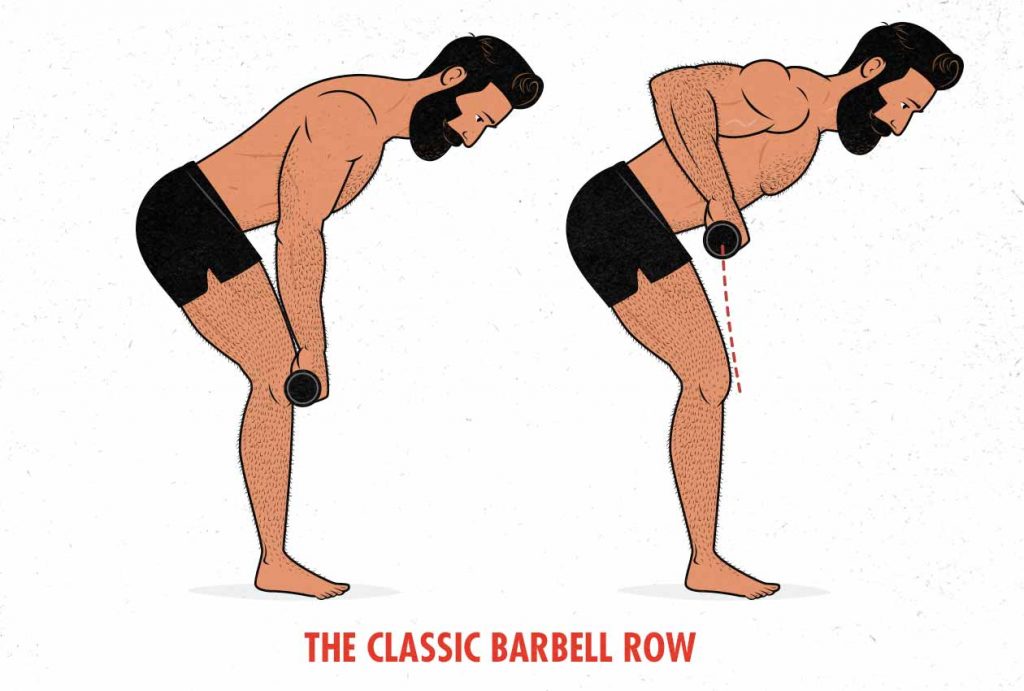 Illustration af en mand, der laver en klassisk barbell row, som en bodybuilder ville gøre.