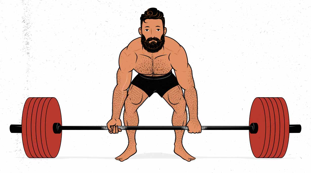 Illustration of a man doing a conventional barbell deadlift (front view).