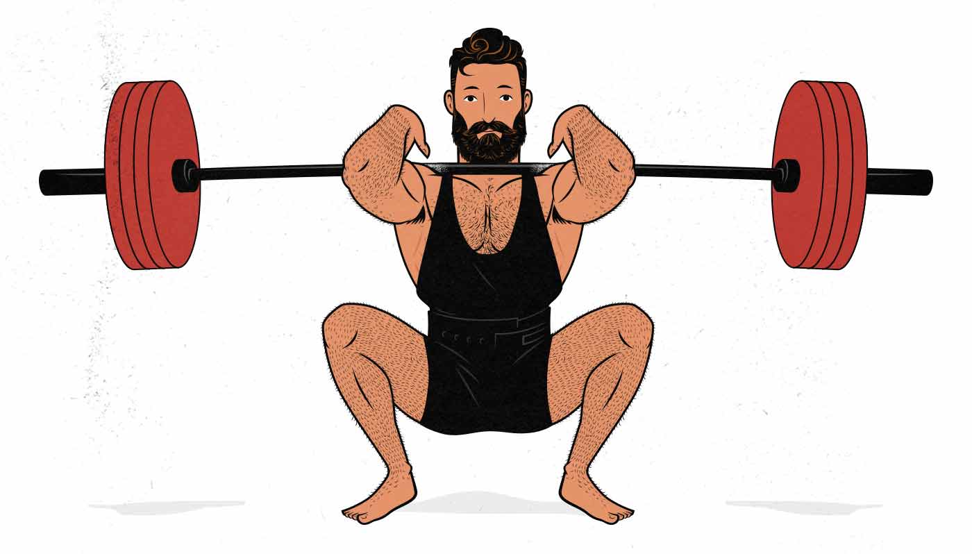 Illustration of a man doing a front squat.