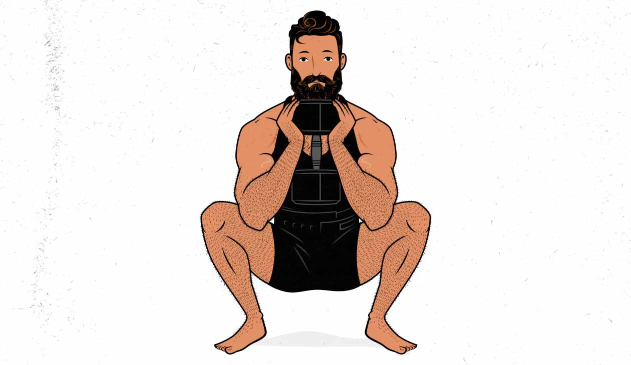 Illustration of a man doing a dumbbell goblet squat.