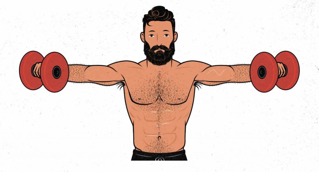 Illustration of a man doing dumbbell lateral raises.