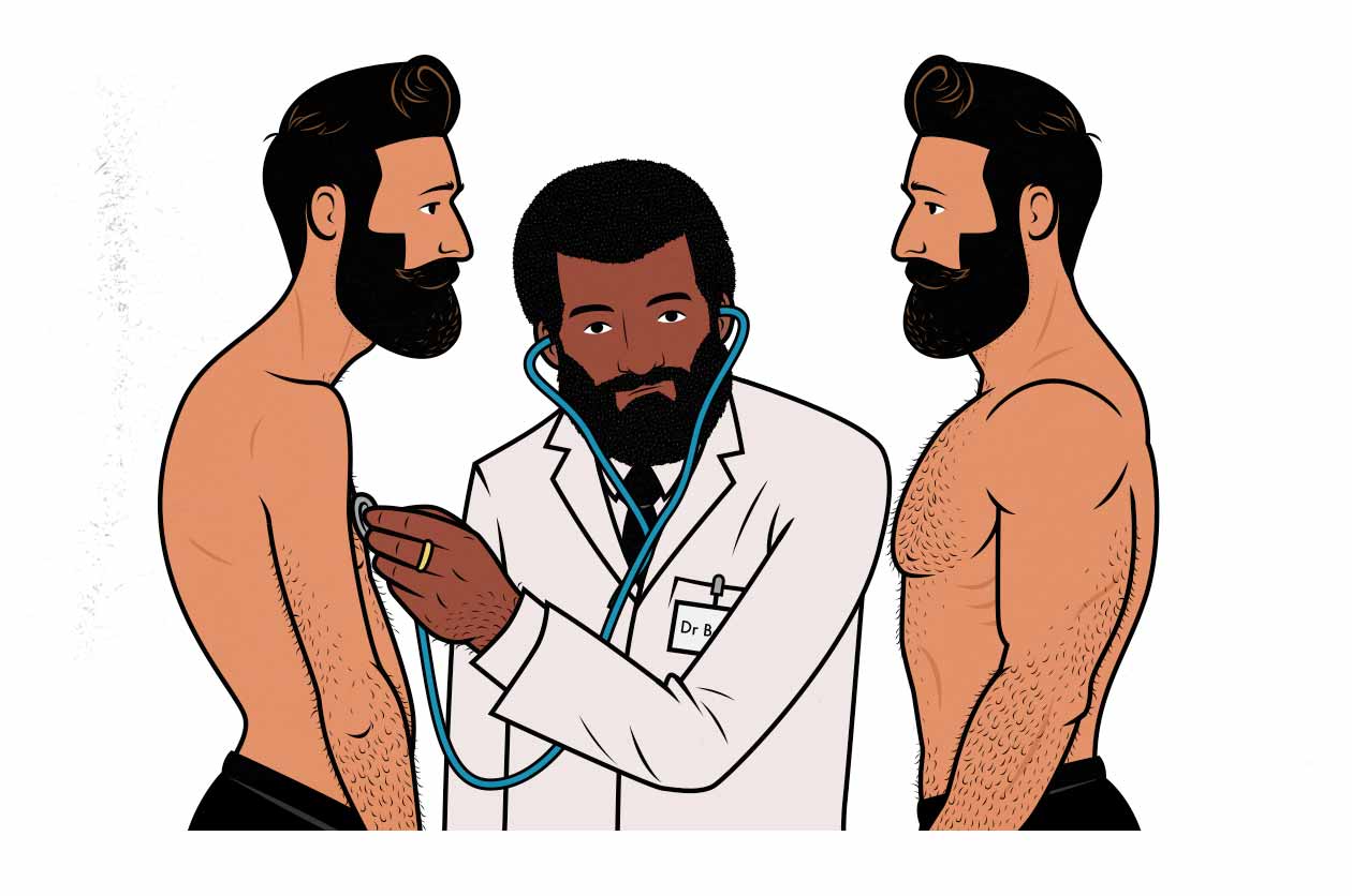 Ilustración de un doctor haciendo un control médico para un hombre delgado y uno musculoso.