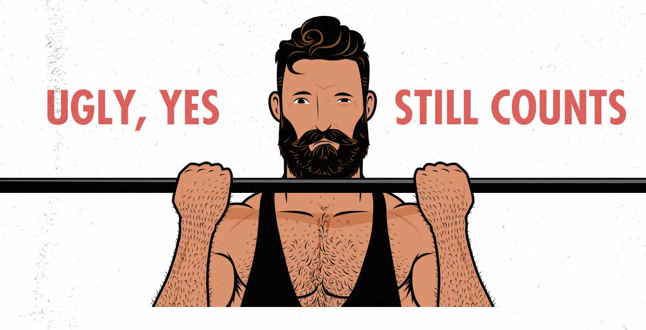 Illustration of a man doing a chin-up with his chin over the bar but his chest not quite touching.