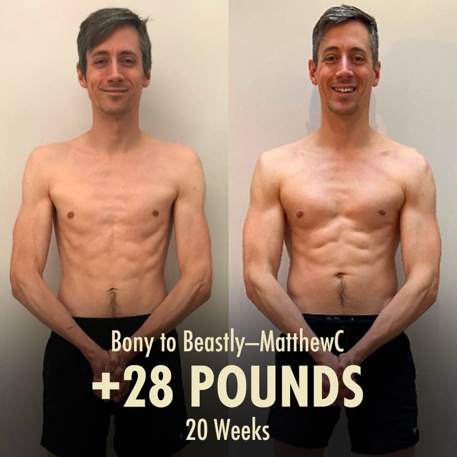 Before and after photo of a skinny guy building muscle with the Bony to Beastly Program.