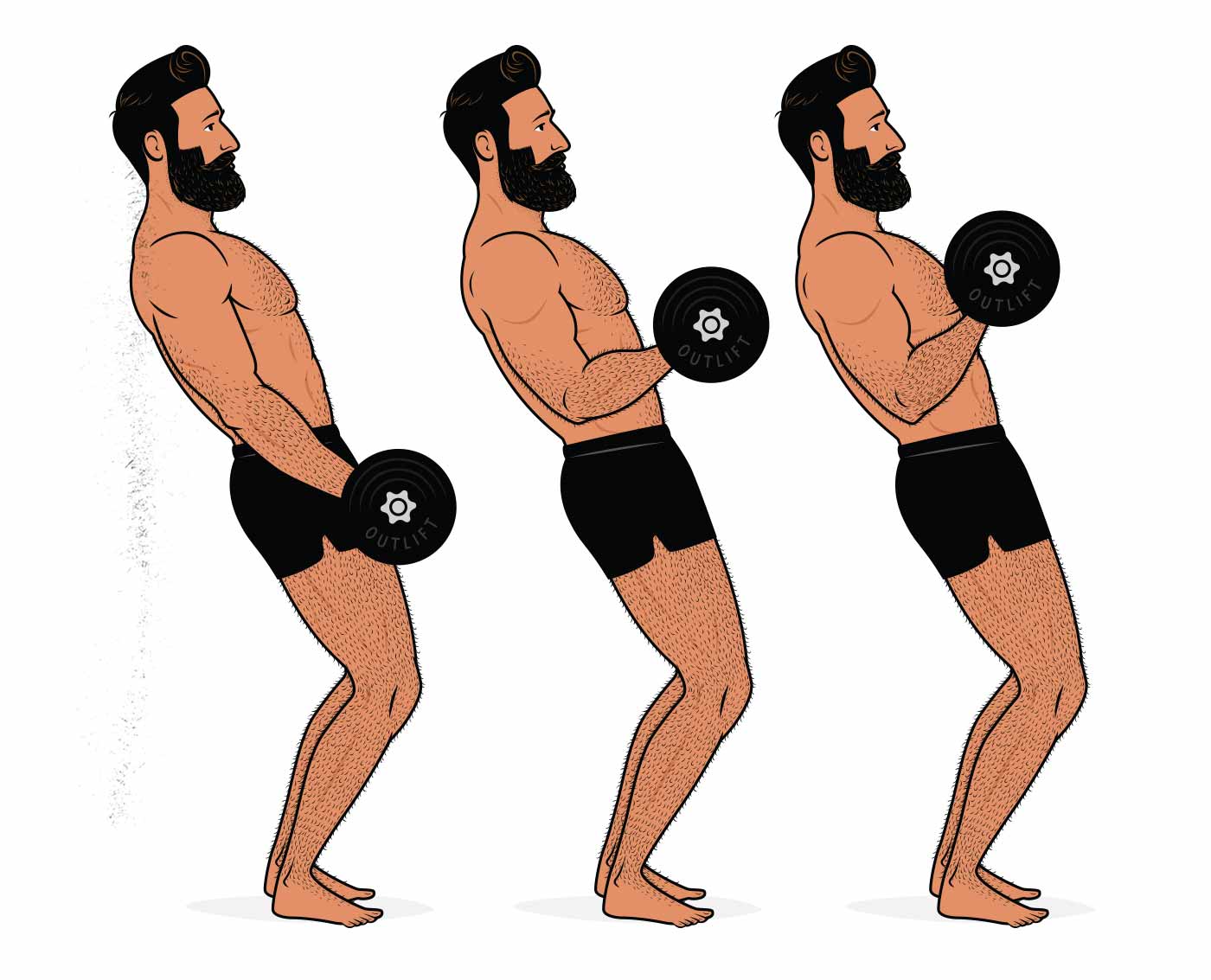 Ilustración de un hombre haciendo un curl de bíceps con el cuerpo inclinado hacia atrás.