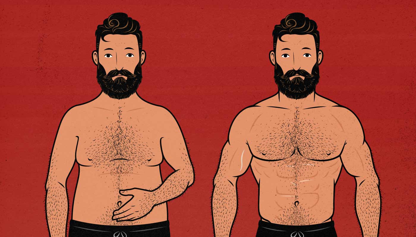 Before and after illustration of an overweight man becoming lean and muscular.