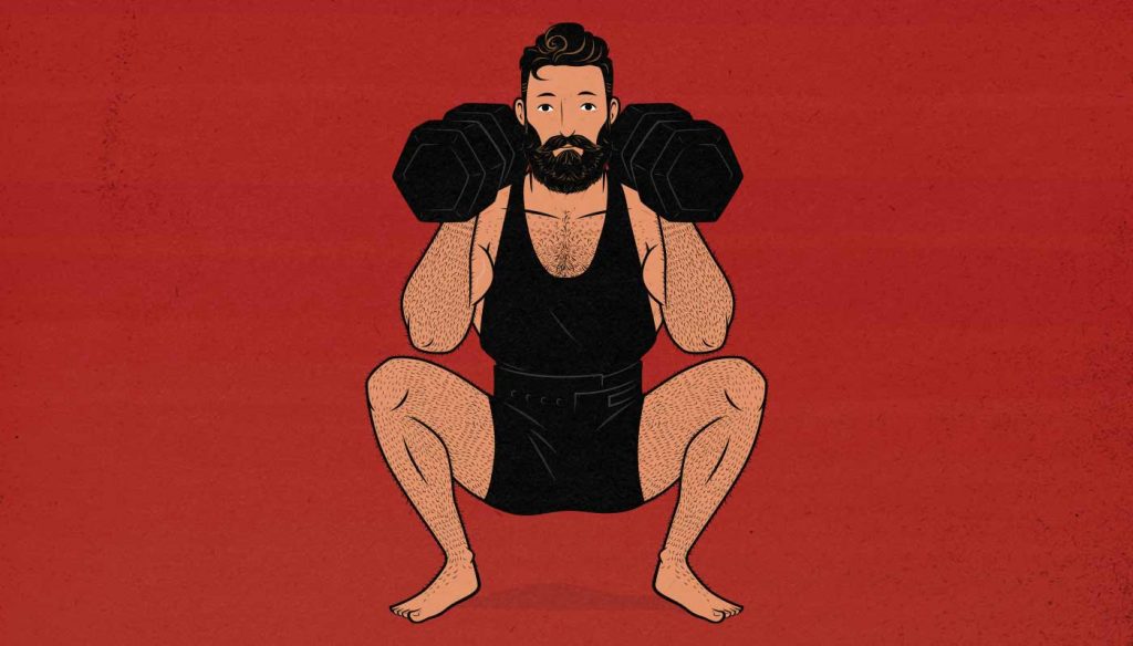 Illustration of a man doing a double-dumbbell front squat.