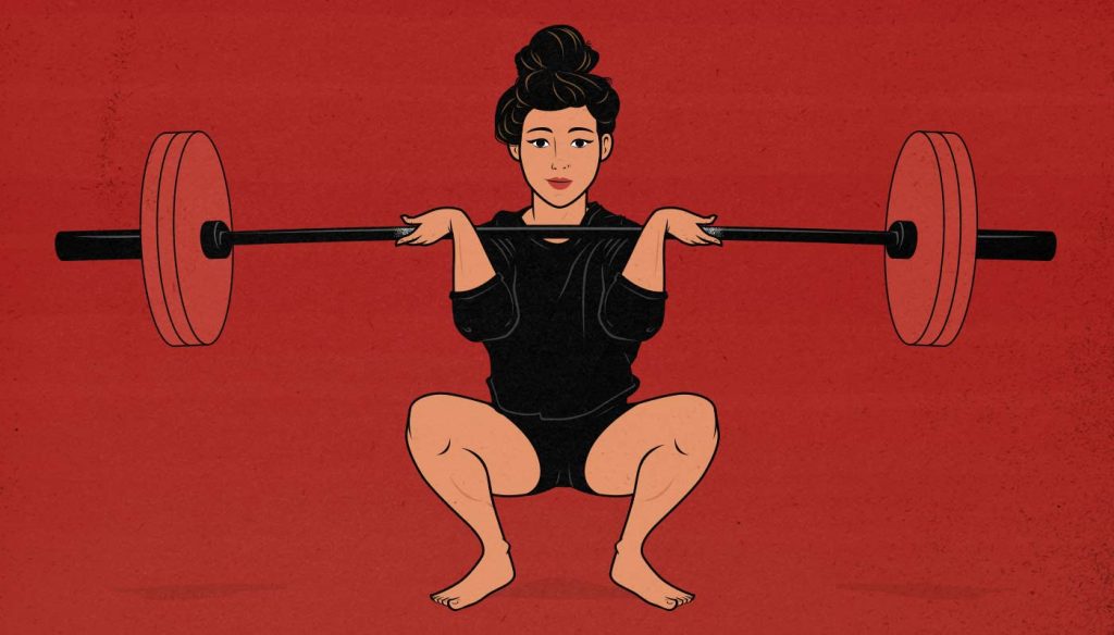 Illustration of a woman doing a barbell front squat.
