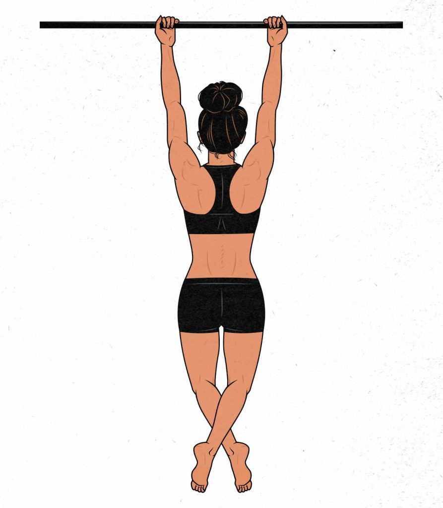 Illustration of a woman doing a full range of motion chin-up.