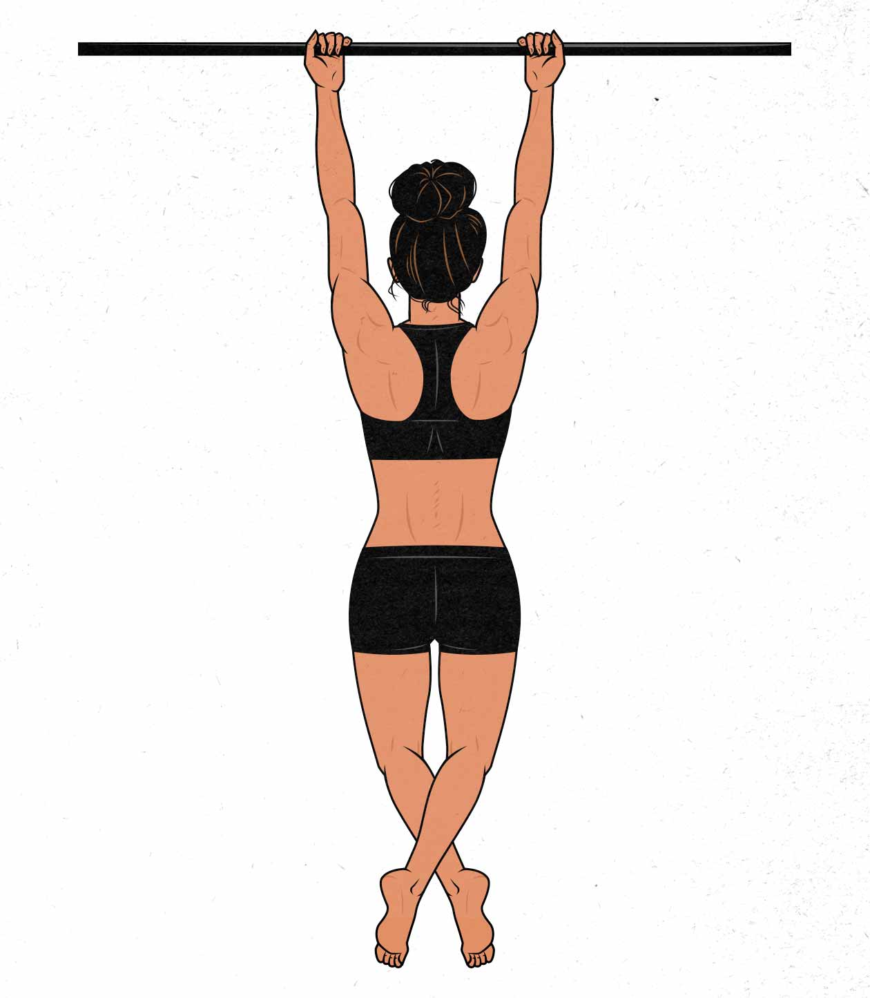 Ilustración de una mujer haciendo un chin-up con un rango de movimiento completo.