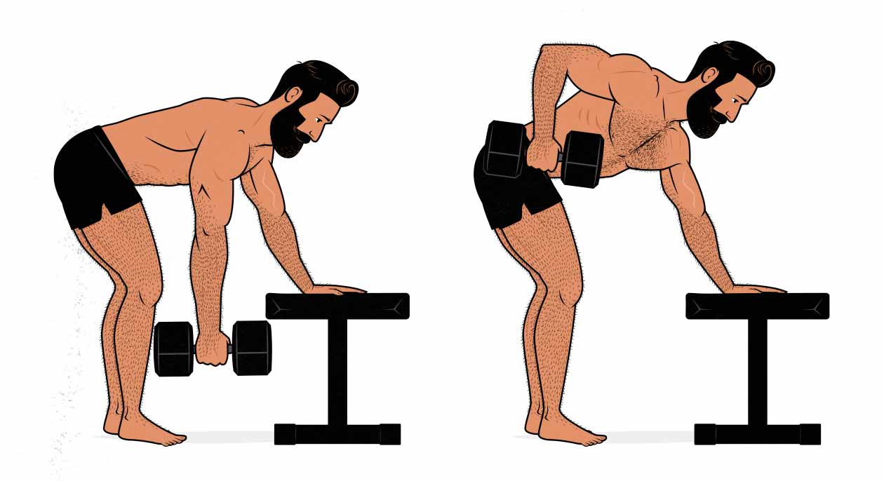 Illustration of a man doing a 3-point dumbbell row.