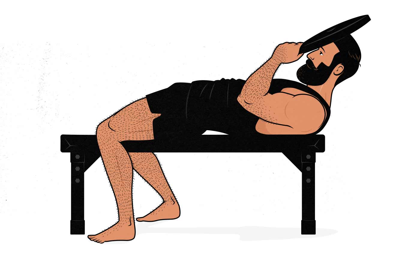 Illustration of a man doing neck curls with a weight plate.