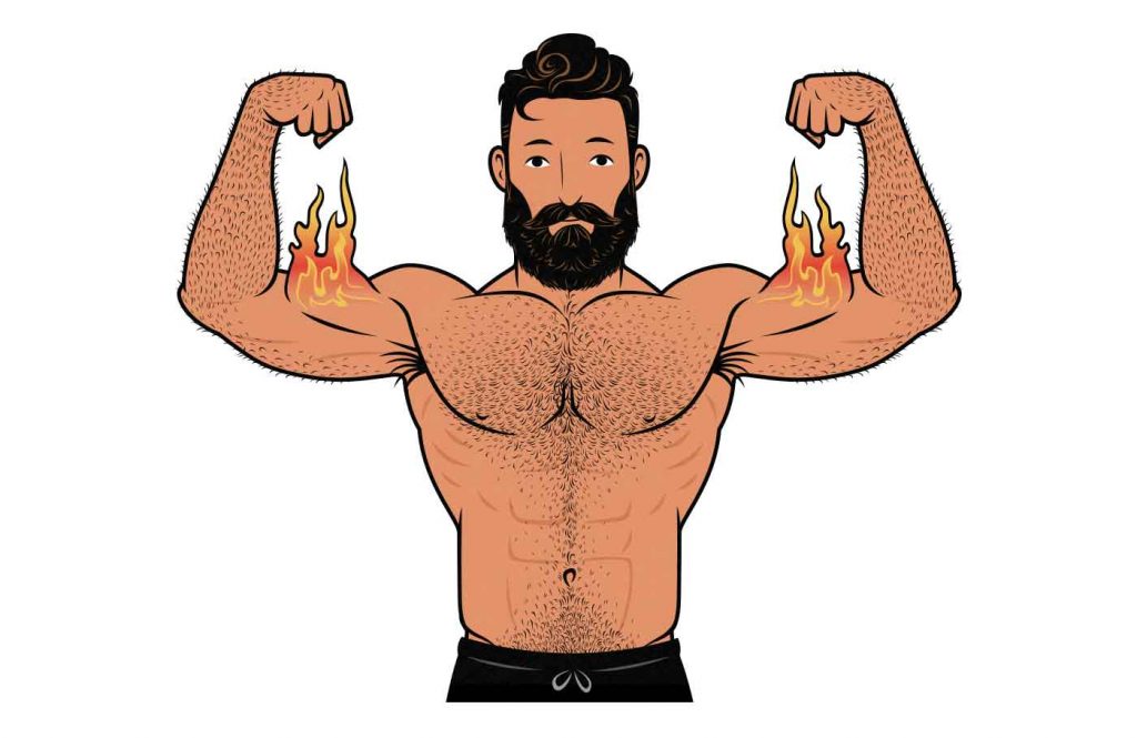 Illustration of a man with burning biceps flexing.