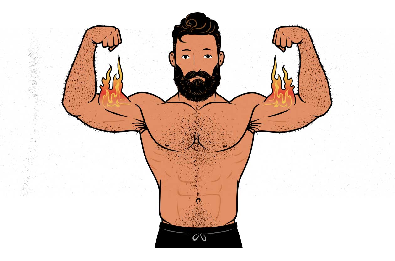 Illustration of a man with burning biceps flexing.