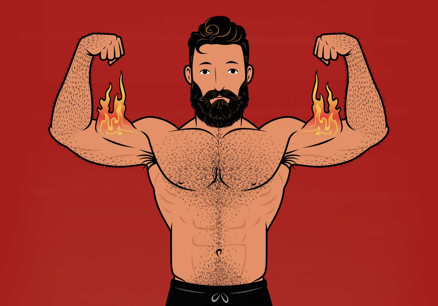 Illustration of a man flexing flaming biceps.