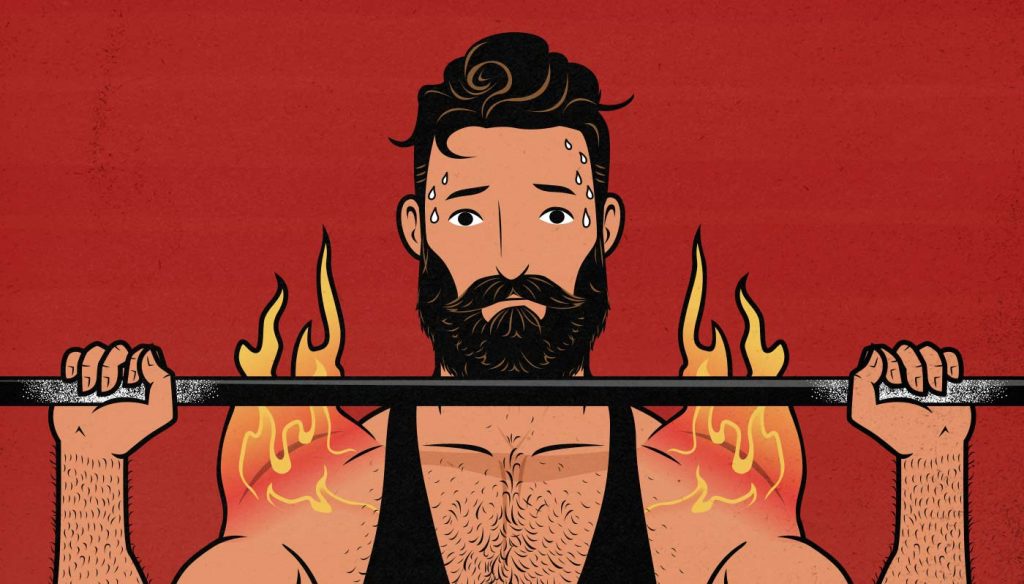 Illustration of a sweating man with flaming shoulders doing the overhead press.