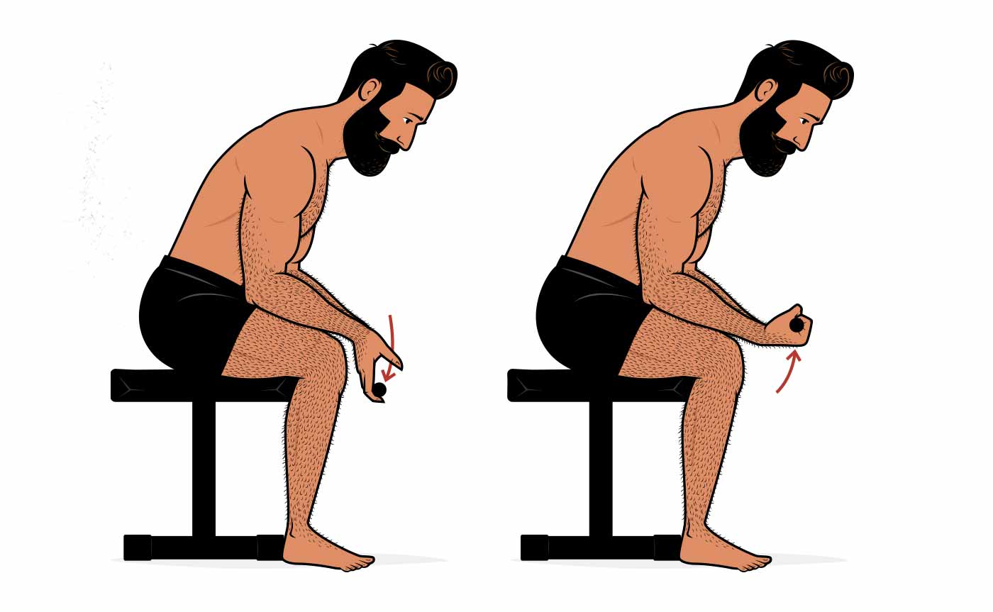 Ilustración de un hombre haciendo curls de muñeca para desarrollar a los antebrazos.