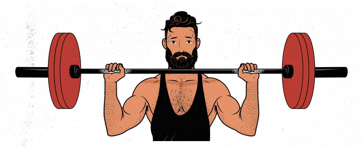 Illustration of a tired man lifting weights.