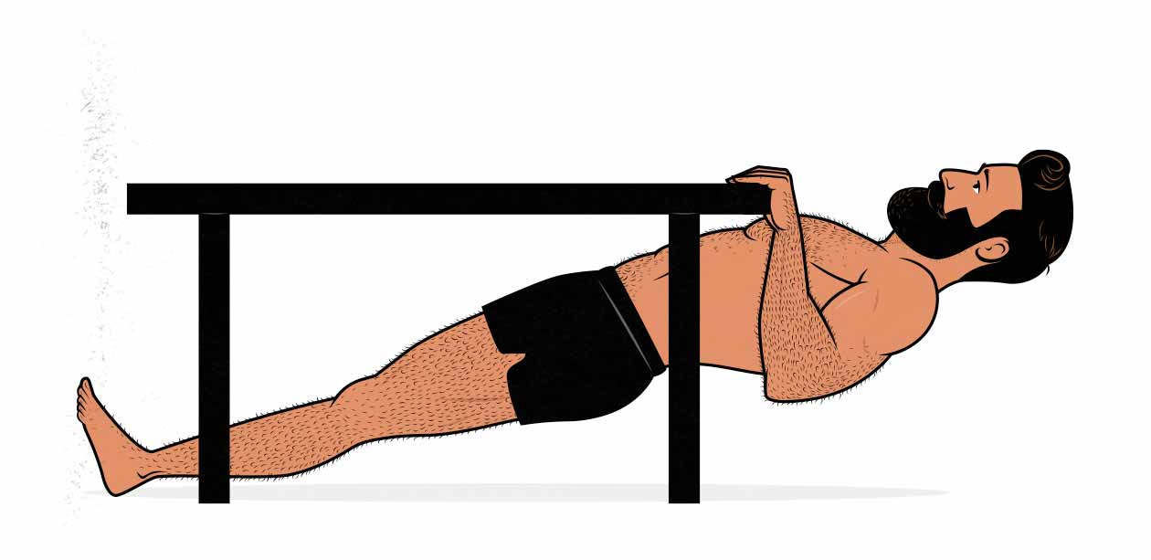Illustration of a man doing a bodyweight table row (aka an inverted row).