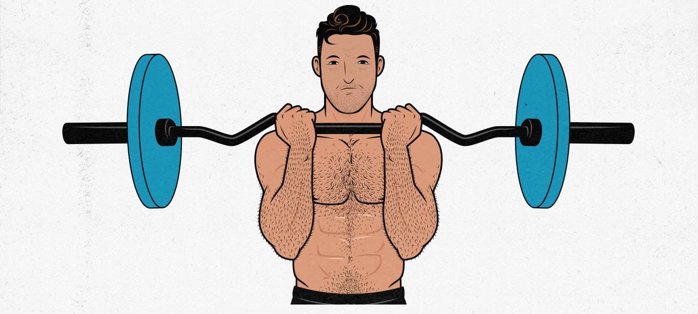 Ilustración de un hombre haciendo un curl de bíceps con una barra EZ