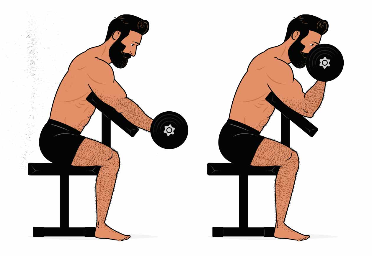 Ilustración de un hombre haciendo curl de predicador para los bíceps.