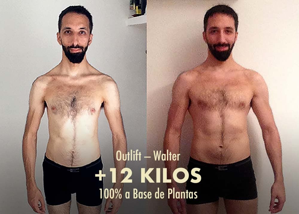 Foto del antes y después de un hombre, Walter, que ganó músculo con una dieta vegana