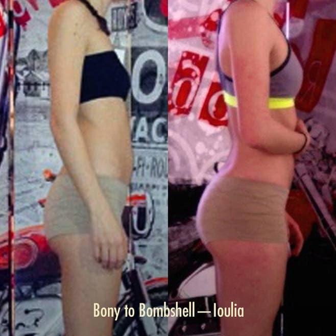Antes y después de una mujer, aumentando el tamaño de sus glúteos y cadera, al levantar pesas.