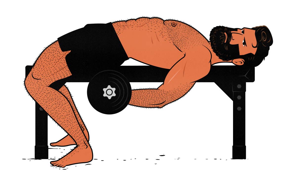 Illustration of a muscular weight lifter doing the lying dumbbell biceps curl exercise.
