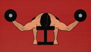 Illustration showing a muscular bodybuilder doing a dumbbell fly.