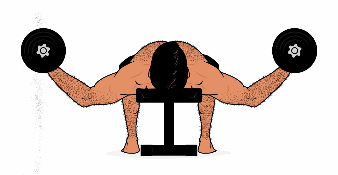 Illustration of a man doing a dumbbell fly for his chest.