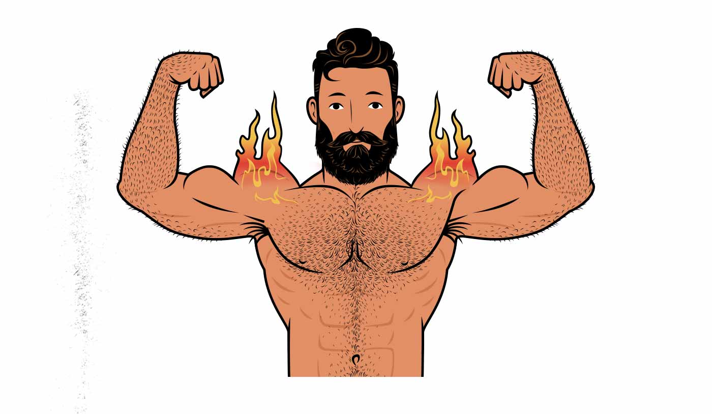 Ilustración de un hombre muscular con deltoides laterales en llamas.